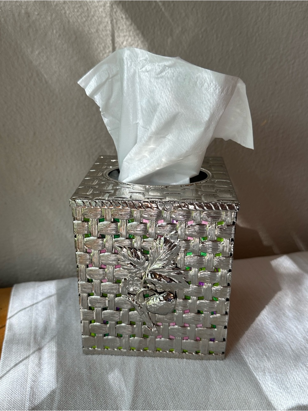 Vintage Metal Tissue Box Cover with Strawberry Applique Basket Weave Design